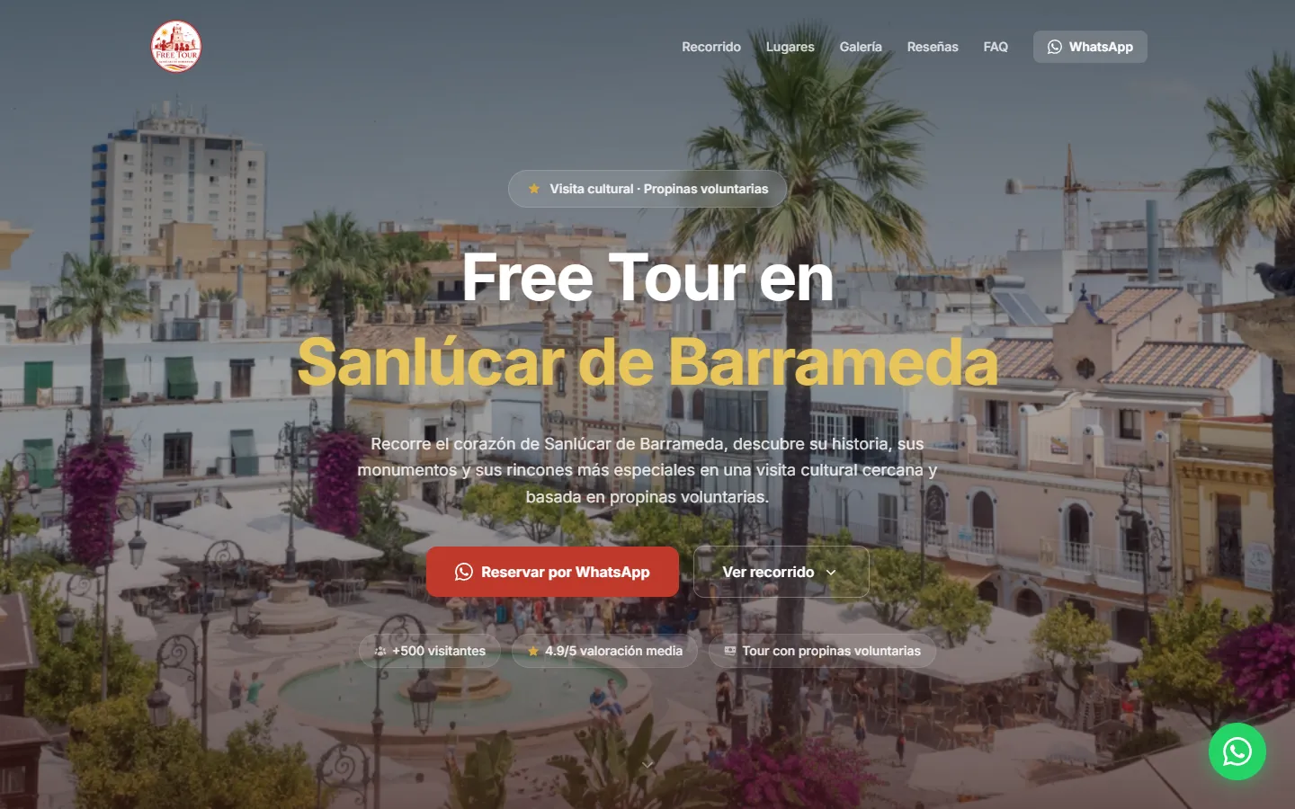 Portada real de freetoursanlucar.com: fotografía de la Plaza del Cabildo con reserva por WhatsApp y valoración de visitantes