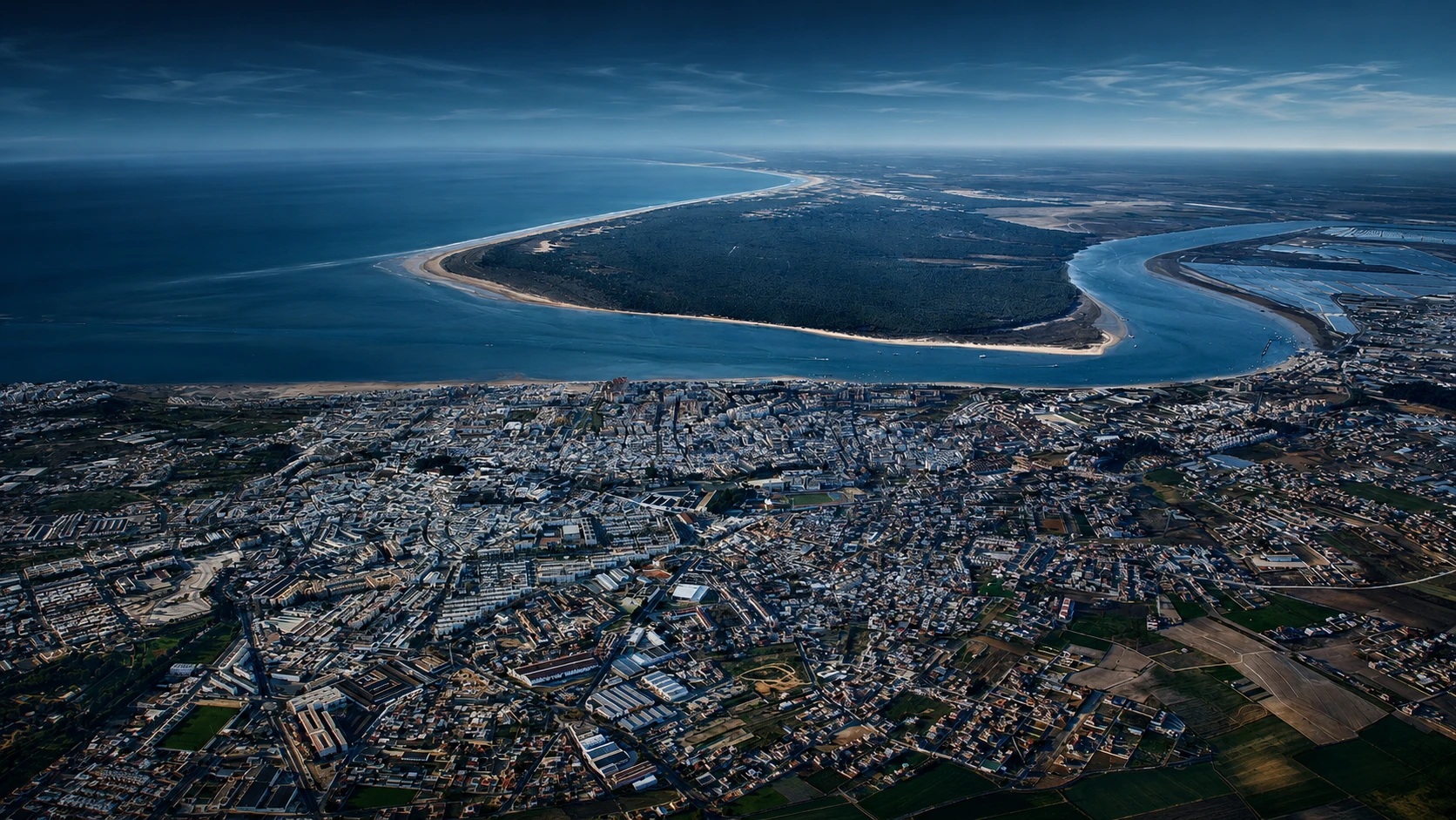 Vista aérea de Sanlúcar de Barrameda, con la desembocadura del Guadalquivir y Doñana